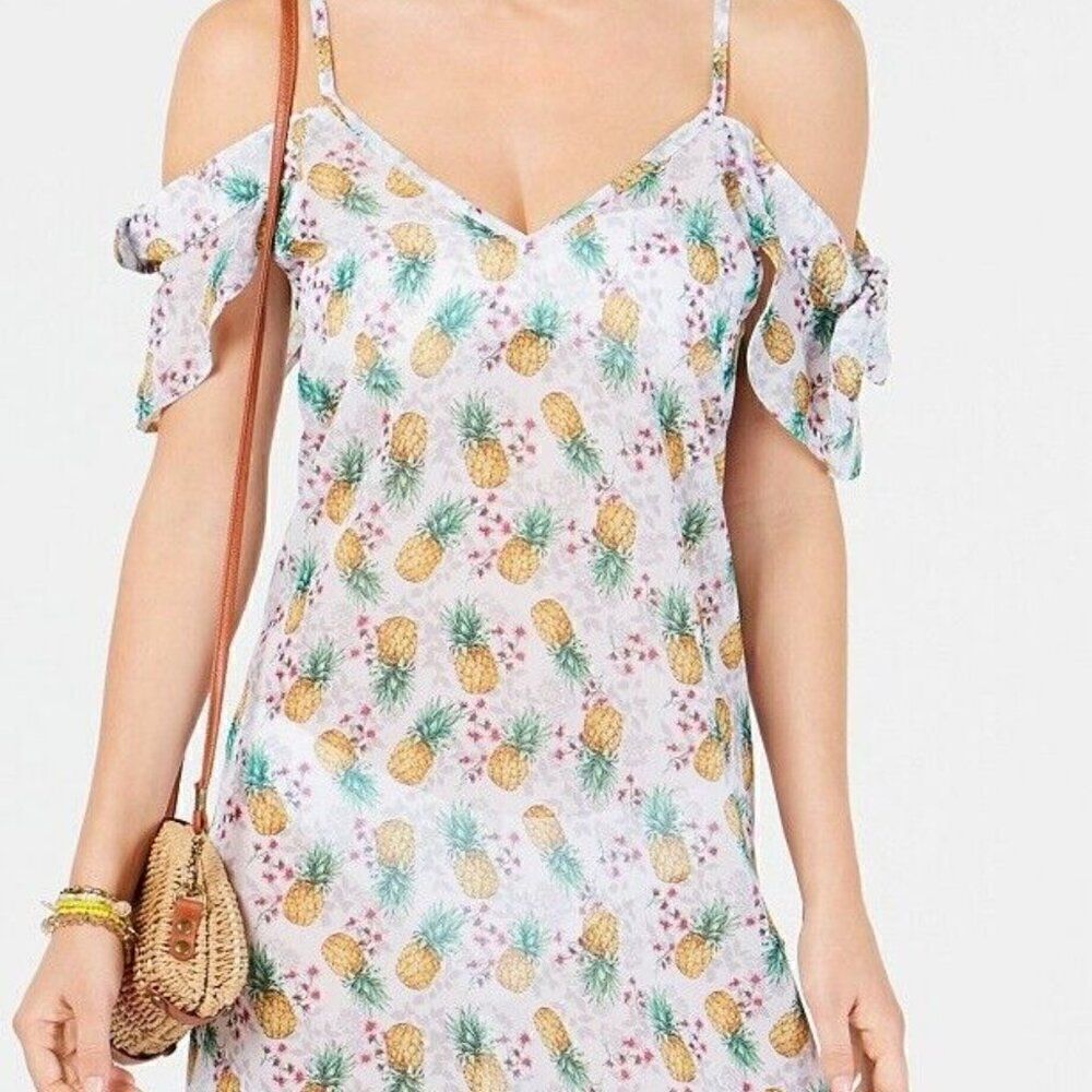 Miken Swim Flutter Sleeve Off Shoulder Beach Cover Up Sz S Pineapple Semi Sheer